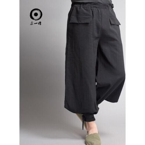2016 New Mens clothing Wide leg pants strap black wire hemp cotton casual harem pants chinese style trousers singer costumes