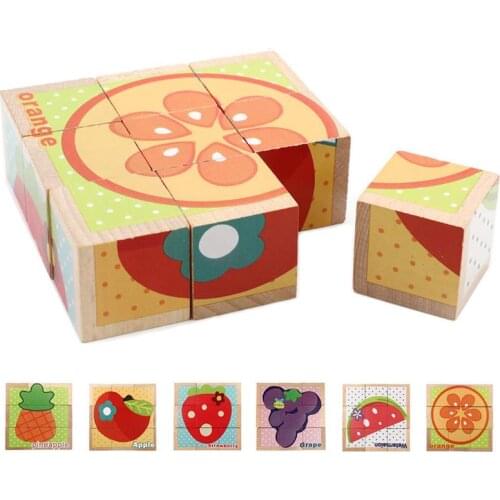 Montessori Children Toys Six-Face Pictures Wooden Blocks Building Jigsaw Puzzle Toys Cube Early Educational Games Toys For Kids