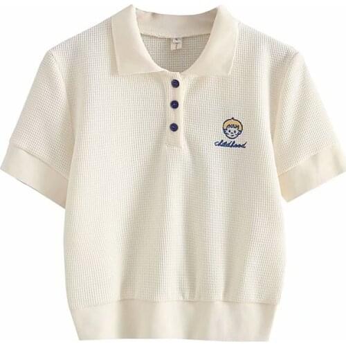 White Cartoon Embroidery Knitted Crop Tops For Women 2021 Summer Short Sleeve Turndown Collar Short T Shirts Preppy Style Tees