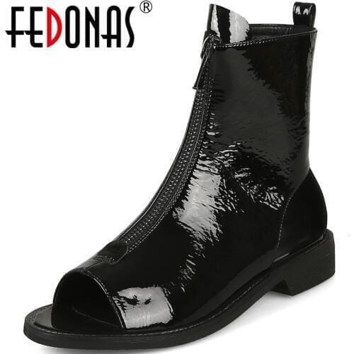 FEDONAS Fashion Vintage Zipper Summer Boots Patent Leather Square Heels Pumps 2021 New Arrival Open-Toed Party Shoes Woman Heels
