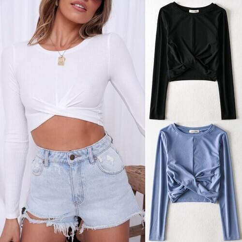 2020 Fall Sexy Crossover Ribbed T Shirts Tops Women O Neck Long Sleeve Cropped Tshirt Casual Slim Fashion White Pullover Tees