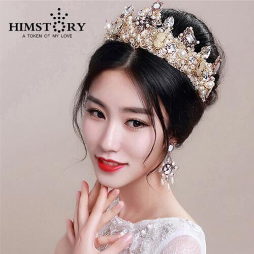 HIMSTORY European Retro Gold Luxury Baroque Hair Crown Earring ,Wedding Party Birthday Hair Accessory