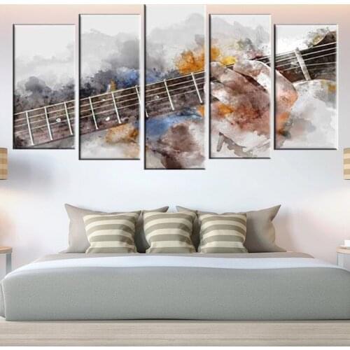 Music Artistic Canvas Wall Art Guitar 5 Panel Watercolor Painting Picture Print on Canvas for Modern Home Decoration