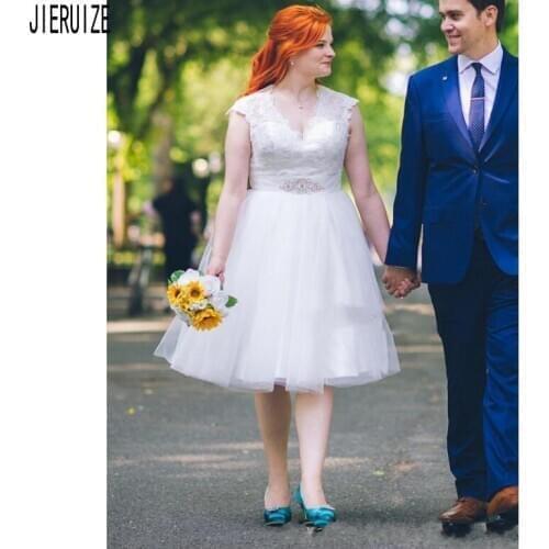 JIERUIZE Elegant Short Wedding Dresses V Neck Cap Sleeve Crystal Sashes Hollow Back Plus Size Bridal Gowns robe de mariee