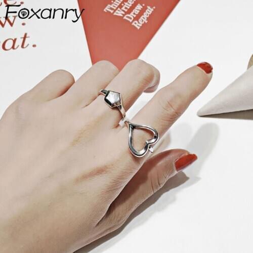 Foxanry 925 Sterling Silver Hollow LOVE Heart Finger Rings Fine Jewelry Fashion Simple Vintage Handmade Party Accessories Gifts
