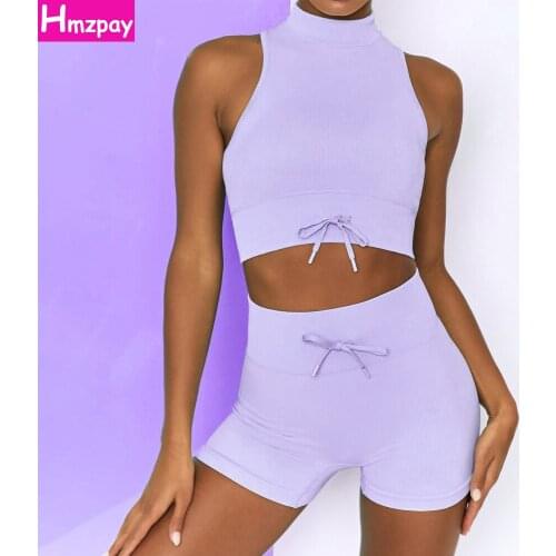 Sexy Seamless Sports Suit Womens 2-Piece Belted Sports Bra Top Yoga Shorts Workout Suit Running Fitness Yoga Suit