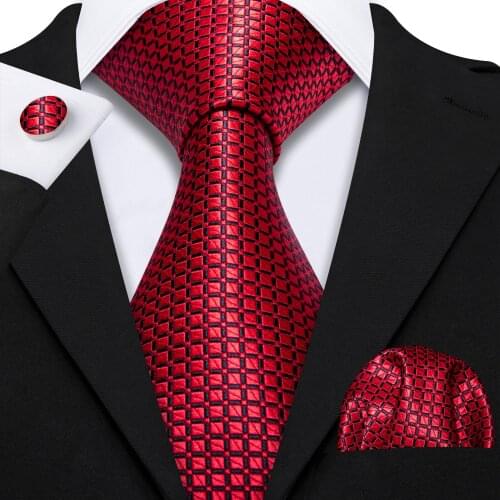 Red Plaid Tie For Men Novelty Silk Necktie Set Handkerchief Cufflinks Cravat For Wedding Business Party Fashion Gift Barry.Wang