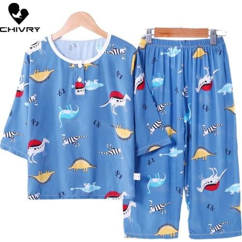Newborn Boys Girls Summer Pajama Sets Cartoon Print Three-quarter Sleeve T-Shirt Tops with Pants Baby Sleeping Clothing Sets