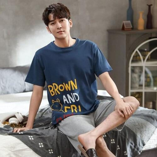 Plus Size Mens Summer Pajamas Night Wear Cotton Catoon Nightgowns Shorts Two Piece Sleepwear Shorts Sleeved Homeset Male Pajama
