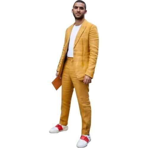 ANNIEBRITNEY 2020 Summer Yellow 2 Piece Men Linen Suit Peaked Lapel Smart Casual Men Suit WIth Pants Slim Groom Wedding Tuxedo