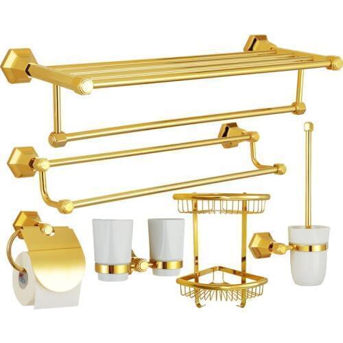 Bathroom Hardware Set Towel Rack Paper Holder Towel Bar Corner Shelf Toilet Brush holder Golden Copper Bathroom Accessories Set