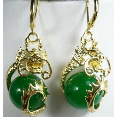 Fancy 12mm green jade dragon fine gem earrings
