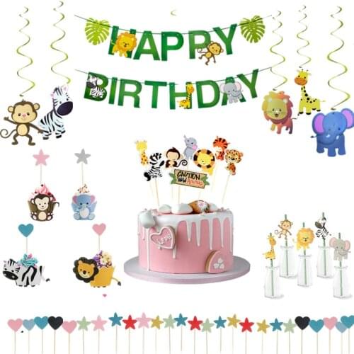 NEW Kids Zoo Safari Birthday Party Decoration Jungle Animal Foil Spiral Swirls Banner Bunting Garland Streamer cake decoration