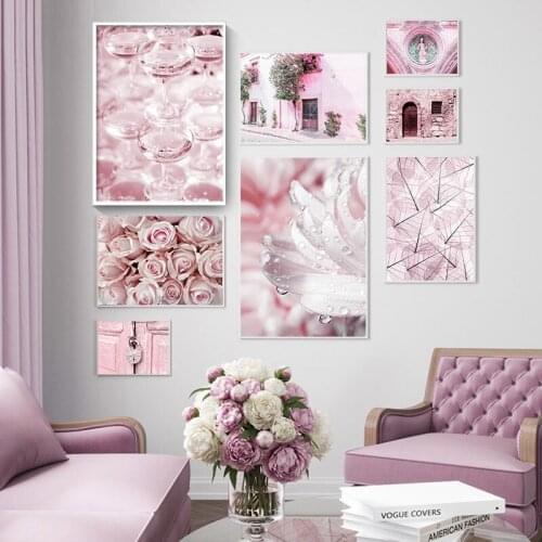 Nordic Poster and Print Pink Flower Leaf Architecture Canvas Painting Botanical Building Landscape Wall Picture for Living Room