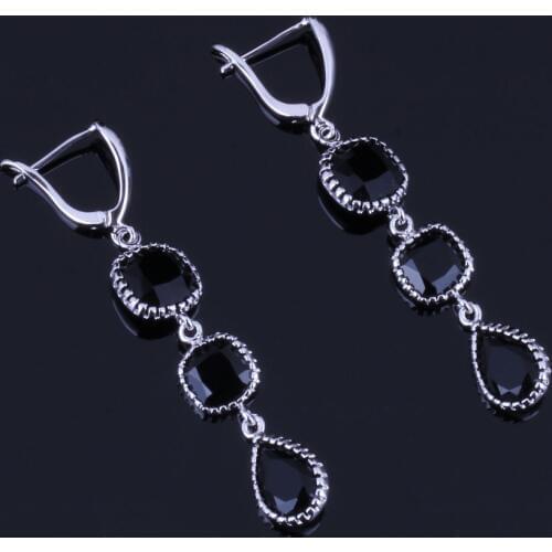 Fabulous Water Drop Black Cubic Zirconia Silver Plated Drop Dangle Earrings V0840