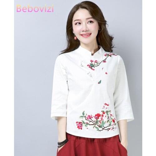Cotton Linen Chinese Style Qipao Shirt for Women Blue White Hanfu Embroidery Retro Summer Loose Han Fu Traditional Blouse Top