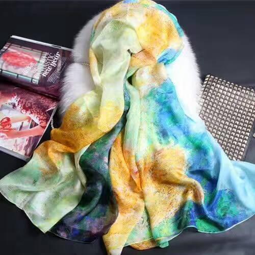[SLKSCF] 175X135CM Summer painting printing silk scarves real real silk chiffon hijabs pure silk scarf and shawls