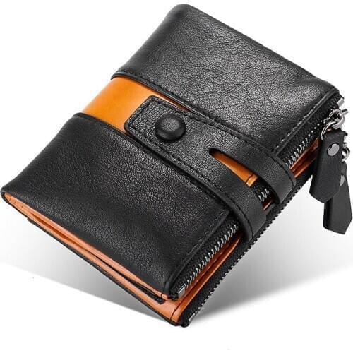 Genuine Mens leather wallet Panelled short money bag Double zipper big capacity Male Purses high quality RFID walet for men