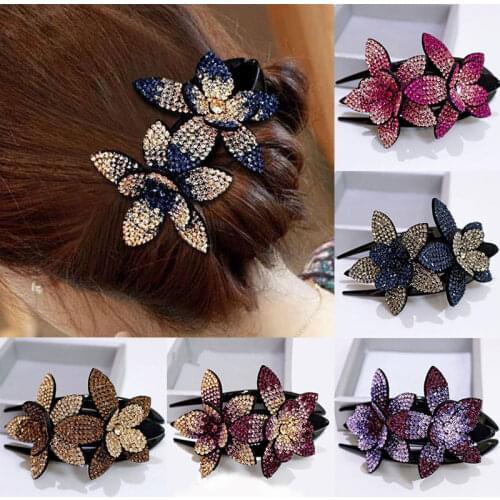 Double Rhinestone Flower Hair Clip Hair Crystal Peals Hair Combs Female Elegant Duckbill Clip Handmade Fashion Hair Accessories