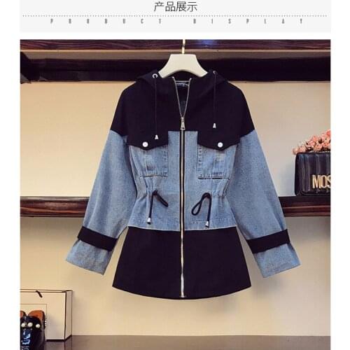2021 Spring And Autumn New Plus Size Womens Clothing Fat MM Fashion Waist Slimming Mid-Length Denim Stitching Jacket Trendy