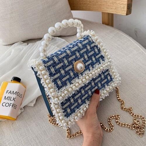 Women Beading Small Flap Bag Chain Shoulder Pearl Handbags Female Messenger Bags