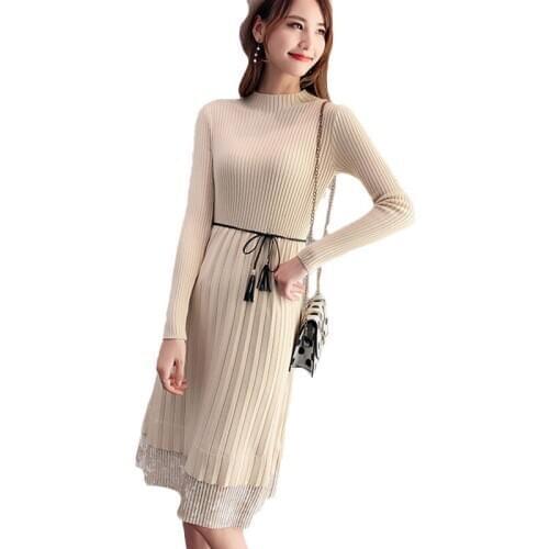 The new high-necked sweater caramel color high waist dress in womens long paragraph Slim Elasticity bottoming dress