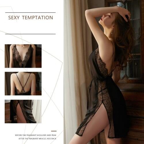 Woman Deep V-neck sexy lingerie Nightdress Women erotic costumes Sex suit slip dress Silk Satin lace draw cord Nightgown