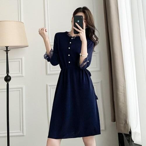 Plus Size Womens Knitted Dress Simple Texture 2021 New Fashion Women Middle Sleeves Drawstring Waist Lady A Line Skirt Commute