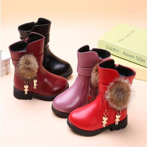 Children Winter Boots For Baby Girls Snow Buckle Boots Kids Shoes Velvet Thicken Rubber Anti-Slip Sole Solid Color Cute Fur Ball