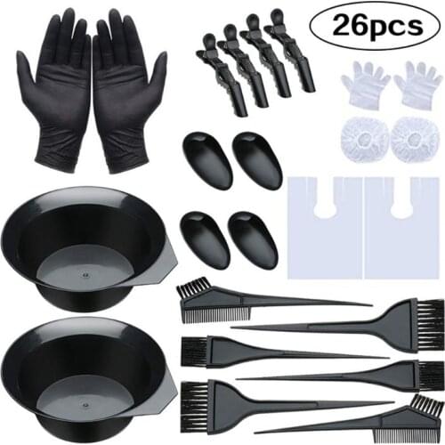 26PCS Hair Dye Colouring Brush Comb Black Plastic Mixing Bowl Barber Salon Hairdressing Color Styling Tools