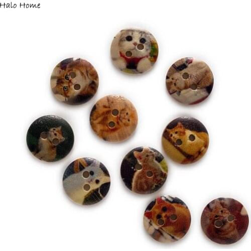 50pcs 2color Cute Cat Printing Round Wood buttons Sewing Scrapbook Clothing Gifts Crafts Handwork Accessories Jacket Blazer 15mm