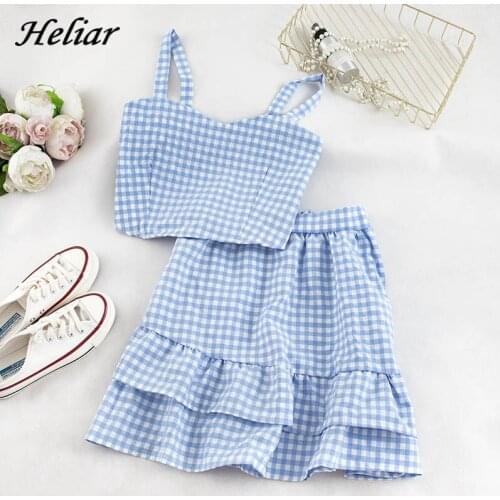 Heliar Women Two Pieces Sets Elastic Spaghetti Crop Tops And Flounce Hem Skirts Cute Outfits Plaid Sets For Women 2021 Summer