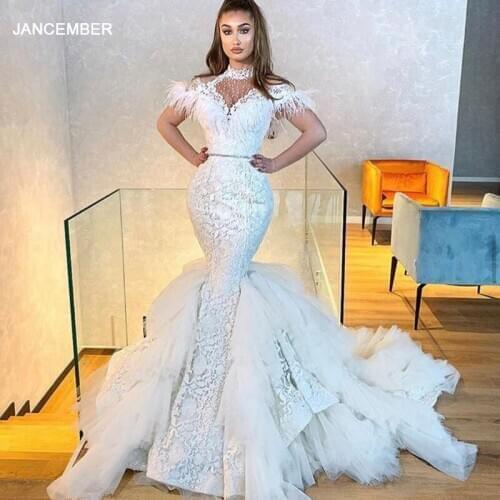 J67032 JANCEMBER Mermaid Celebrity Dress 2020 Halter Neck Feather Boat Neck Short Sleeve Lace Up Back