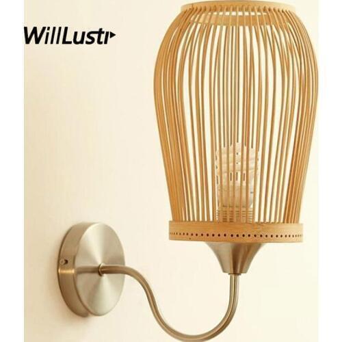 Chinese Style Bamboo Wall Light Metal Sconce Lantern Doorway Foyer Porch Loft Hotel Bedside Bedroom Original Handmade Wood Lamp