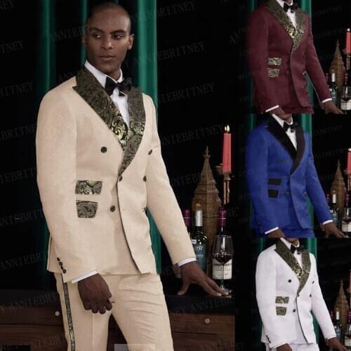 2020 Beige Mens Suits Set Slim Fit Bridegroom Wedding Suit Tuxedo Double Breasted Blazer Custom Made Fashion Jacket Pants 2Pcs