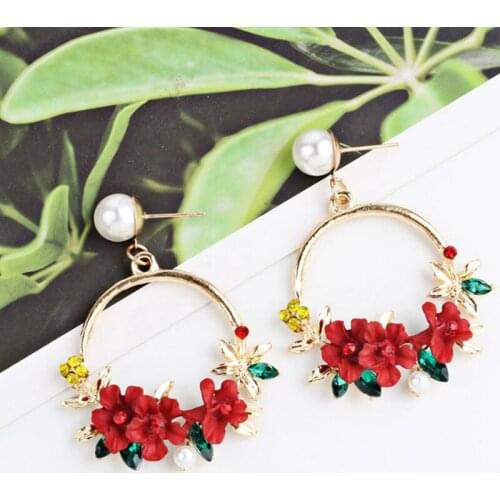 Korean Trendy Cute Sweet Blossom Flower Big Circle Dangle Earrings Trim Pearl Geometric Round Earrings For Women Party Gift