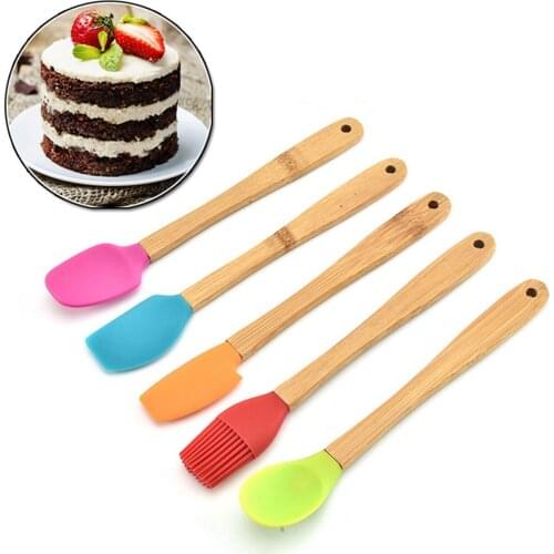 Non-stick Silicone Cookware with Wooden Handle Mini Spatula Spoon Brush Sets Colorful Baking Kitchen Spatula Tools