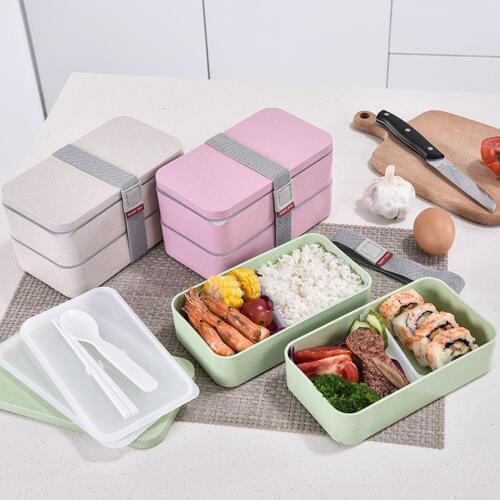 Lunch Box Wheat Straw 2-Layer Handle Spoon Fork Eco Friendly Healthy Unbreakable Dinner Tableware Dishes Picnic Food Storage