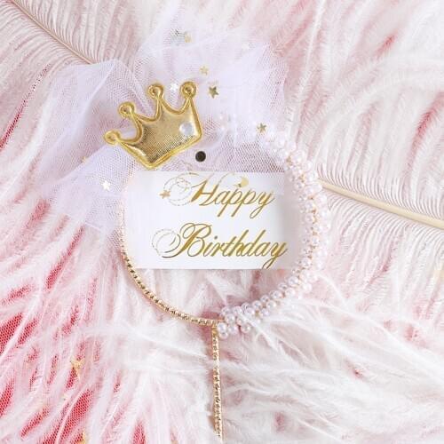 Metal Happy Birthday Cake Topper Gold Crown Pearl Wedding Cake Topper For Wedding Birthday Party Cake Decorations Baby Shower