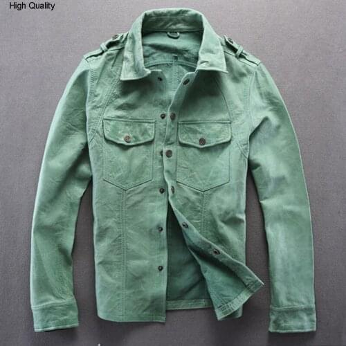 Slim fit real goatskin Green/ white genuine men thin leather wind jacket mens skin shirt