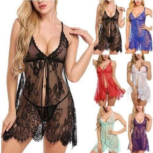 New Sexy Women Lingerie Night Dress Sleepwear Nightgown Push-Up Lace Dress Erotic Ladies Floral Lingerie See Through Sleep Dress