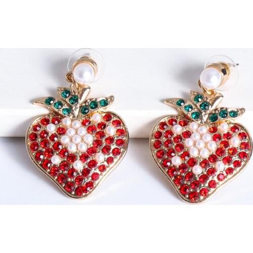 New Plant Earrings Wholesale Red Rhinestone Pearl Cute Design Big Earring Statement Fashion Wedding Ear Ring For Women 2021 Za