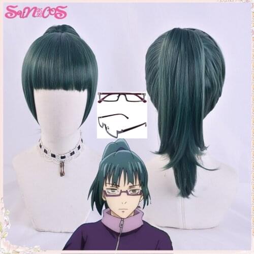 Jujutsu Kaisen Zenin Maki Cosplay Wigs Purple Glasses Green Short Female Hair Heat Resistant Synthetic Halloween Free Wig Cap