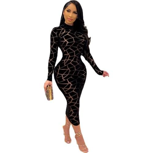 Casual Women Bodycon Dress Print Full Sleeve Party Night Clubwear Sheer Mesh Dresses For Women Outfit