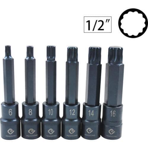 6 Pcs/set 1/2" M6-M16 12 Tooth Screwdriver Bits Drive Socket Head S2 Alloy Steel Spline Screwdriver Set Hand Tools