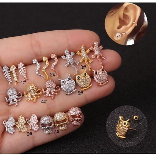 1pc Silver Color Fish Snake Octopus Butterfly Cz Ear Studs Helix Piercing Cartilage Earring Conch Rook Tragus Piercing Jewelry