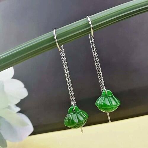 S925 pure silver green jade earrings delicate lotus earrings female of tassel retro new products