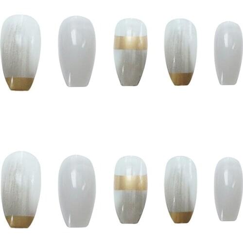 Medium and Long Fake Nails Golden Gray Grid Nail Art Stickers Finished Nails 24 Pieces With Glue SANA889