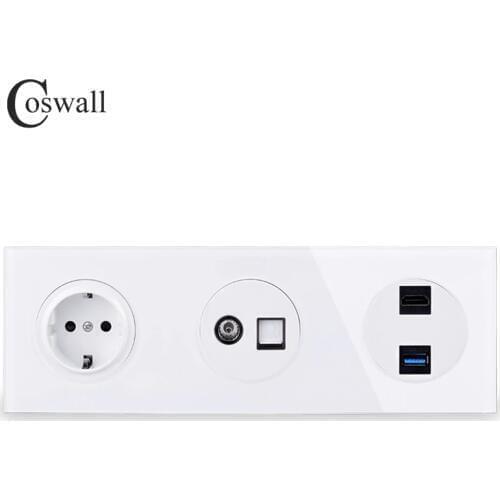 Coswall Glass Panel Wall EU Power Socket + Female TV Jack With CAT5E RJ45 Internet Outlet + HDMI-compatible 2.0 / USB 3.0 Port