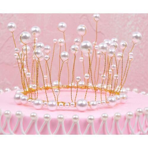 Visual Touch Shiny Handmade Pearl Princess Crown Headdress Cake Topper Wedding Bride Groom Hat Decoration Birthday Party Supply